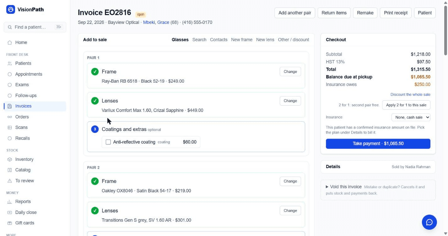 A sale with two pairs, the insurance amount and the deposit